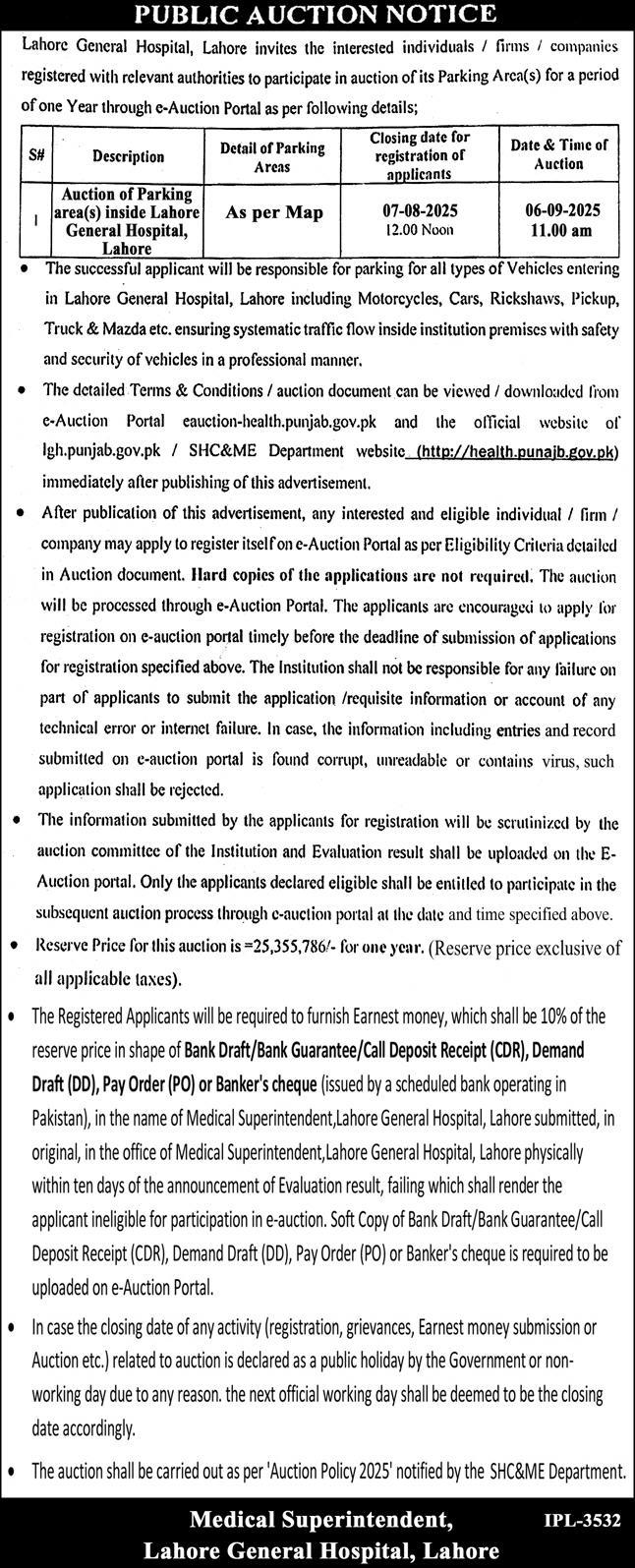 Lahore General Hospital Lahore Tender Notice